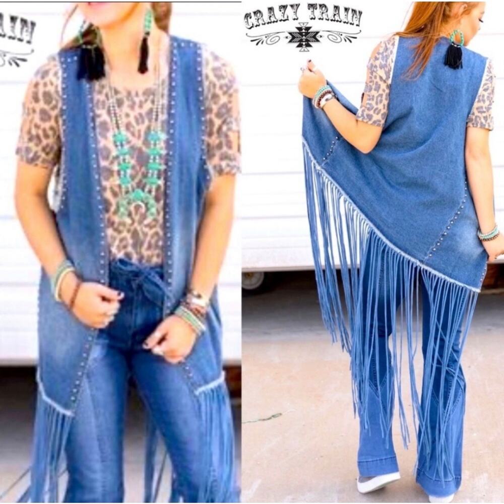 Crazy Train Denim Studded Fringe Vest Western Cowgirl Chic Rodeo Small - Picture 15 of 16